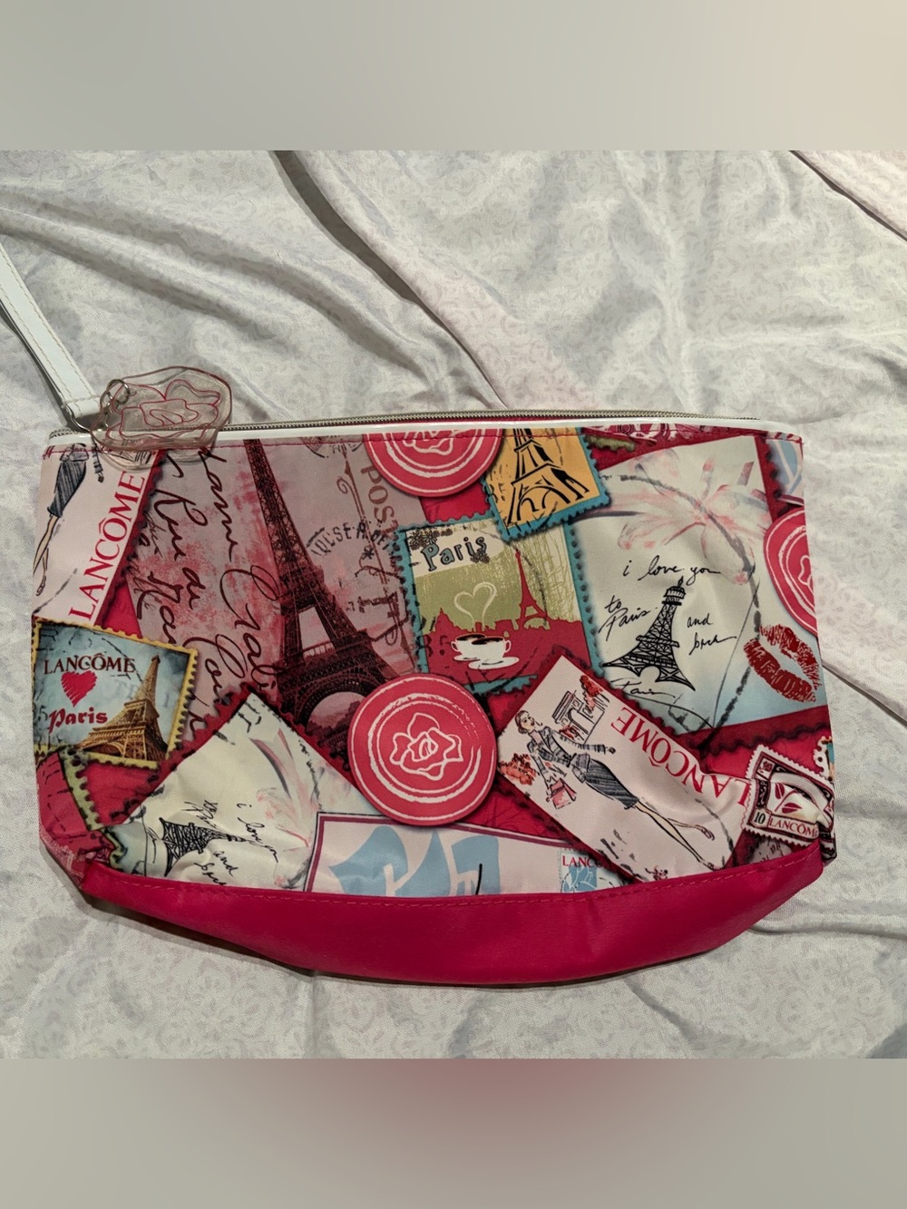 Lancôme Paris themed pink cosmetic bag